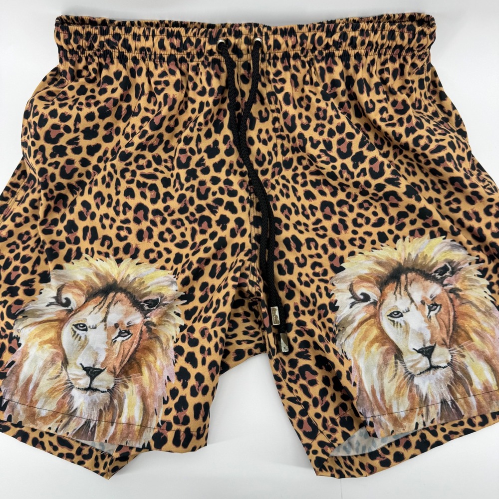 Kenny Flowers Mens Leopard Lion Print Swim Trunks Brown Tan Size Large L